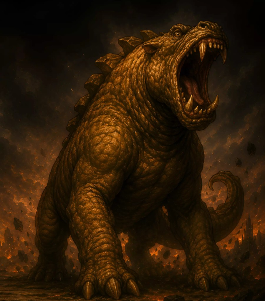 A colossal behemoth roars amid a burning ruined city