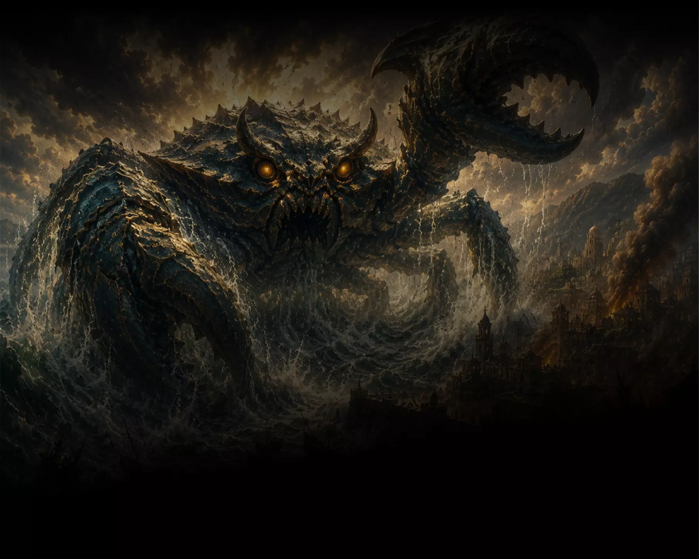 Karkinos rises from the sea to crush a coastal city