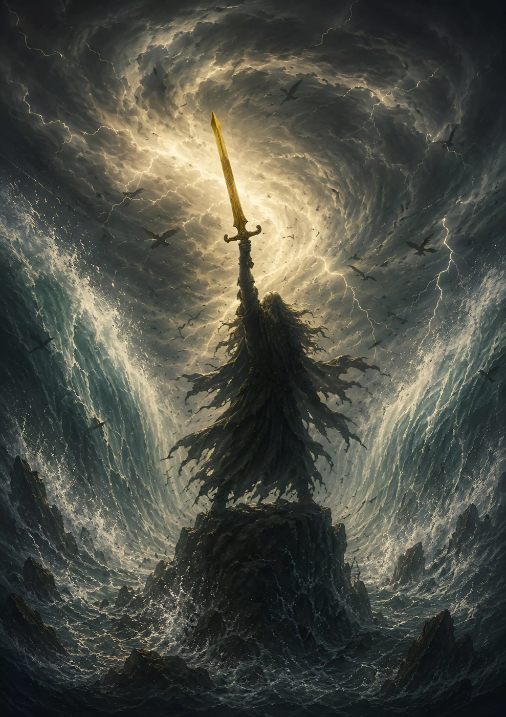 A hooded warrior raises a glowing golden sword against a stormy sea